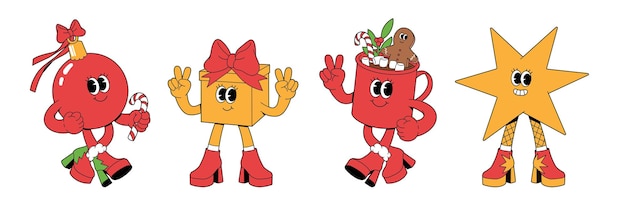 Merry Christmas and Happy New year characters Gift box coffee star ball in trendy groovy retro cartoon style Sticker pack of comic characters