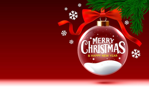 Merry christmas glass new years ball with christmas tree and snow vector illustration