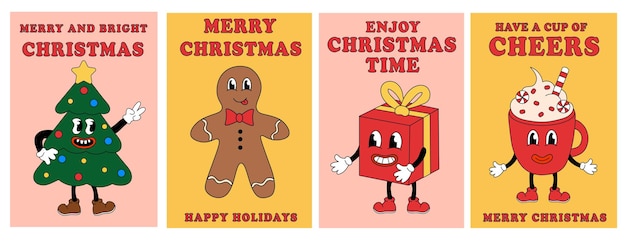 Merry Christmas Groovy Card Set Árbol de Navidad Pan de jengibre Hombre Caja de regalos Copa en estilo de dibujos animados retro