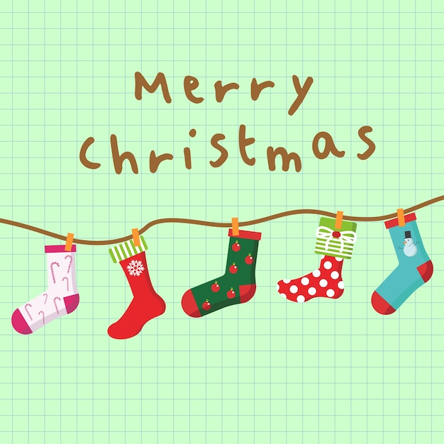 Vector merry christmas hanging socks card background ilustración vectorial gráfico