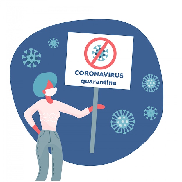 Mers-cov: coronavirus del síndrome respiratorio de oriente medio, nuevo coronavirus 2019-ncov, mujer con mascarilla médica y pancarta en la mano. de cuarentena de coronavirus