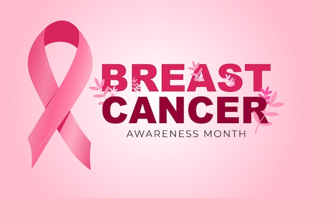 Mes de concienciación sobre el cáncer de mama cinta rosa y texto en fondo rosa