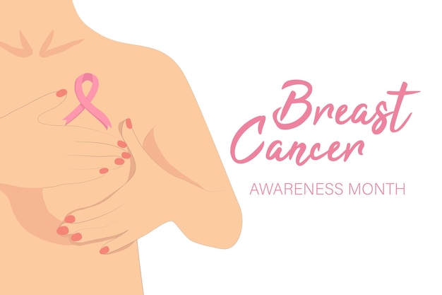 Mes de concienciación sobre el cáncer de mama La mujer lleva a cabo un autoexamen de las glándulas mamarias