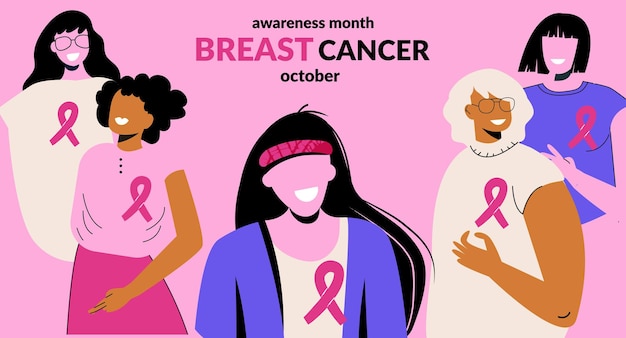 Mes de concientización sobre el cáncer de mama Banner web de octubre con grupo de mujeres diversas étnicas y de diferentes edades con cinta de apoyo rosa Concepto del día mundial del cáncer