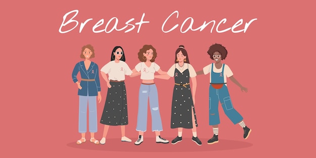 Mes de concientización sobre el cáncer de mama del grupo de amigos de mujeres diversas abrazándose juntas por apoyo, concepto de abrazo de equipo femenino. vector de banner web de cáncer de mama