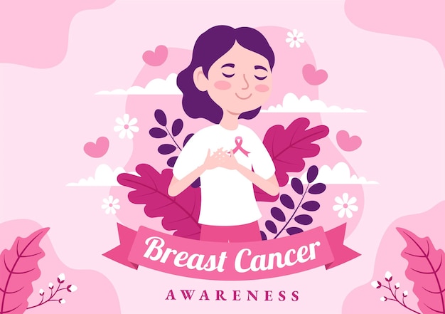 Mes de concientización sobre el cáncer de mama ilustración de mujeres diversas con cinta rosa de apoyo para la campaña