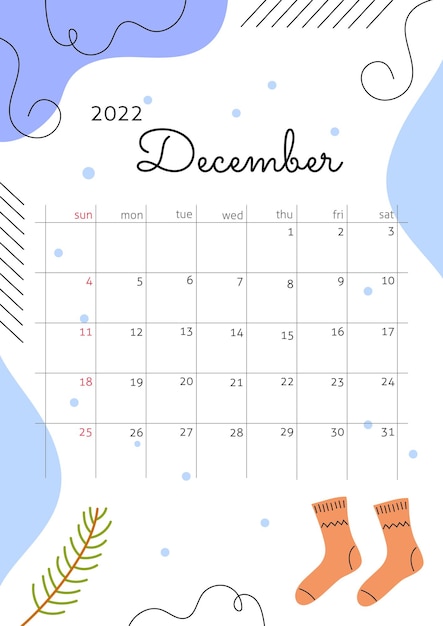 Vector mes de diciembre de 2022 con líneas de elementos abstractos calcetines nieve y rama de abeto póster de invierno vertical con ambiente acogedor ilustración vectorial cuadrícula de calendario con cuadrados para entradas