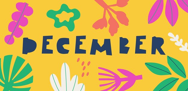 Mes de diciembre Fondo abstracto con garabatos botánicos Impresión dibujada a mano multicolor vectorial para calendario de banner de diseño