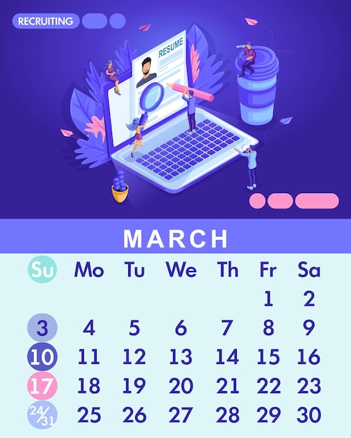 Vector mes isométrico de marzo del calendario establecido de 2019. la gente pequeña mira el currículum juntos, buscando trabajo, reclutando.