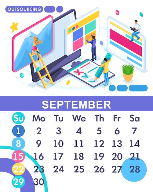 Mes isométrico de septiembre del calendario principal de 2019. El concepto de contratar empleados para la subcontratación. El concepto de negocio en el trabajo independiente.