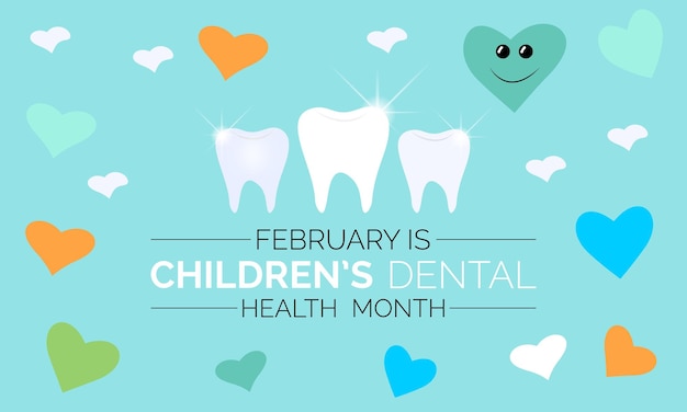 Mes nacional de la salud dental infantil que se celebra cada año en el mes de febrero afiche del volante de pancartas de salud vectorial y diseño de plantillas de medios sociales