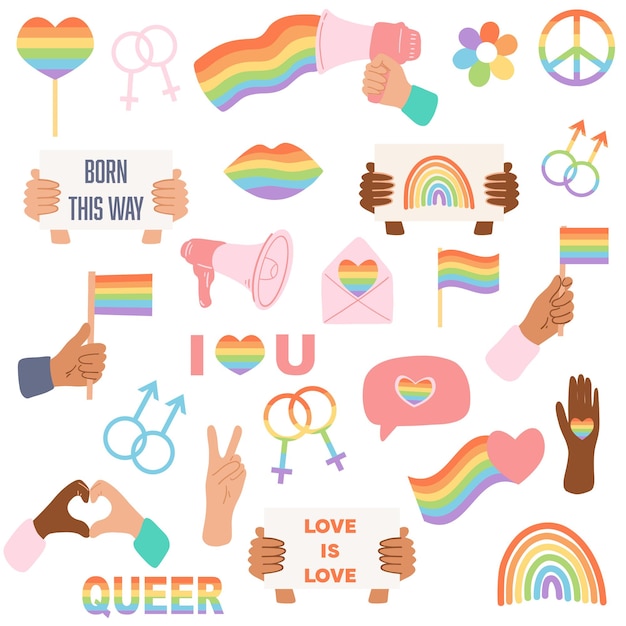Mes del Orgullo concepto igualdad de género personas diversidad conjunto de elementos como la bandera del arco iris corazón labios