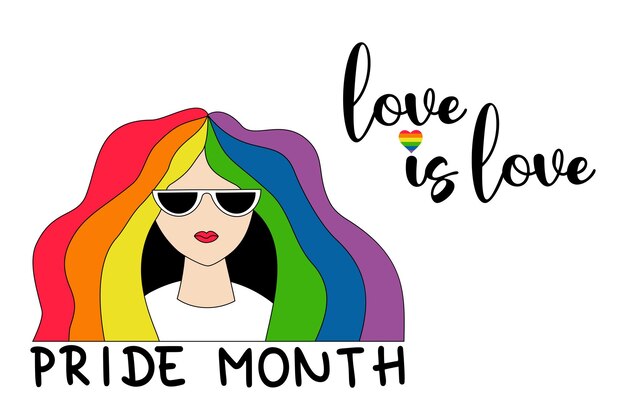 Mes del Orgullo LGBT amor es amor Chica lesbiana con gafas con cabello de arco iris Bandera del orgullo LGBT arco iris