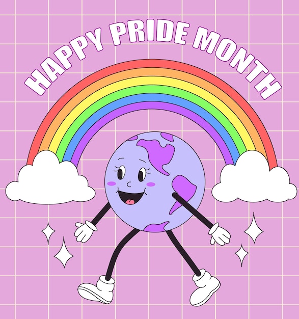 Mes del Orgullo LGBT Personaje de la tierra retro groovy caminando con un arco iris Ilustración vectorial
