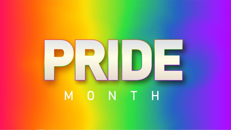 Vector mes del orgullo lgbtq etiqueta de texto del orgullo sobre fondo de arco iris borroso concepto de derechos humanos o diversidad plantilla de diseño de banner de evento lgbt