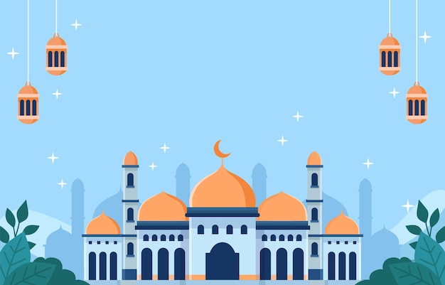 Vector mes de ramadán con fondo de mezquita y linterna