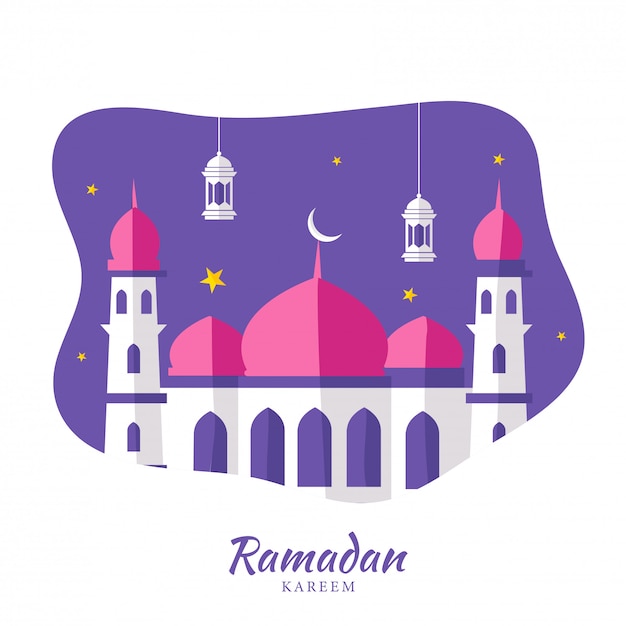 Vector mes sagrado islámico de ramadan kareem con hermosa mezquita de papel, linternas colgantes sobre fondo morado y blanco.