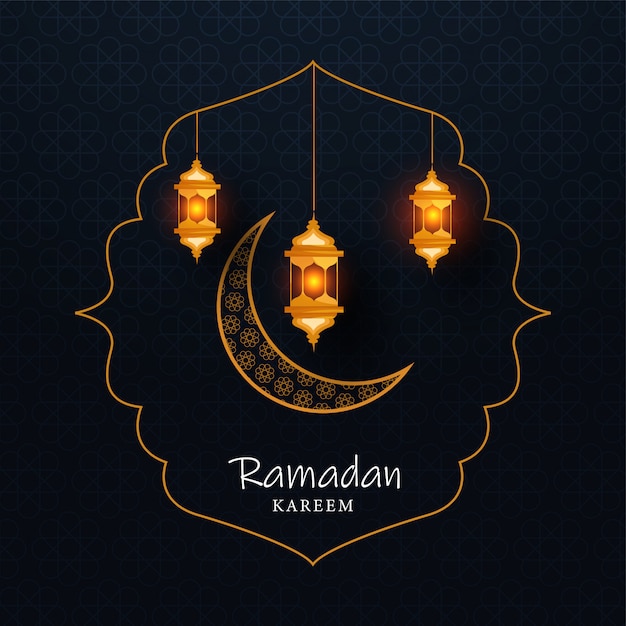 Vector mes sagrado islámico de ramadán kareem con linternas doradas iluminadas y luna creciente sobre fondo azul turquesa.