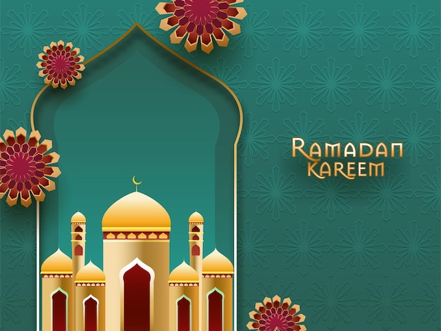 El mes sagrado de los musulmanes Festival de Ramadán Kareem Tarjeta o cartel Diseño con mezquita brillante Mandala decorativa Turquesa patrón islámico Fondo