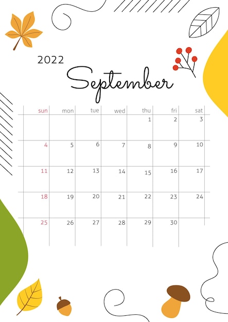 Vector mes de septiembre de 2022 con acogedores elementos de otoño cartel de calendario vertical estilo lindo simple