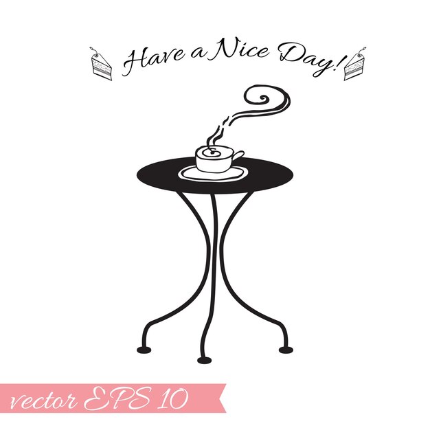 Mesa aislada con taza de té caliente Ilustración vectorial dibujada a mano