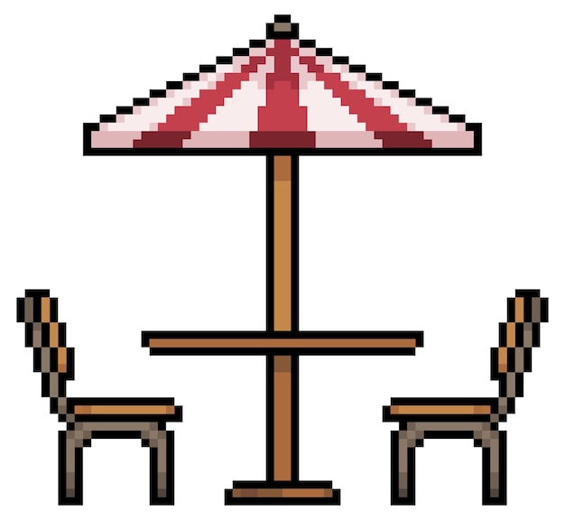 Mesa de arte de píxeles con sombrilla, mesa de playa, mesa de madera y sillas icono vectorial para juego de 8 bits