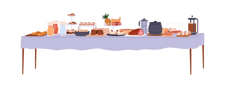 Vector mesa de buffet estilo smorgasbord con comida y bebidas para el desayuno de la mañana comida de café panadería y bocadillos estación para el almuerzo de autoservicio ilustración vectorial plana aislada sobre fondo blanco