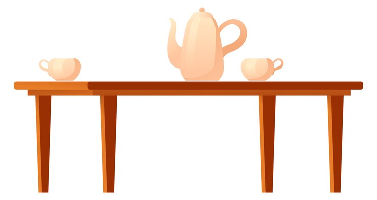 Vector mesa de café con tetera y tazas de cerámica icono de dibujos animados