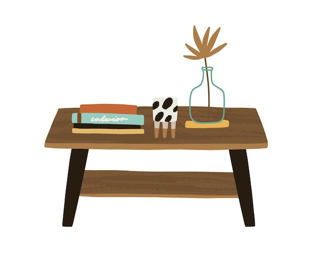 Mesa de centro rectangular de madera con jarrón, libros y revistas para el diseño interior del hogar. Muebles de madera con estilo moderno en estilo Scandi. Ilustración de vector plano aislado sobre fondo blanco.