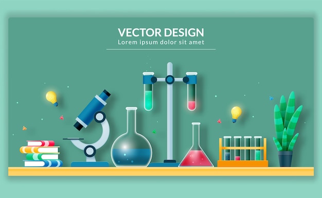 Mesa científica en el fondo de una junta escolar para la investigación con un microscopio