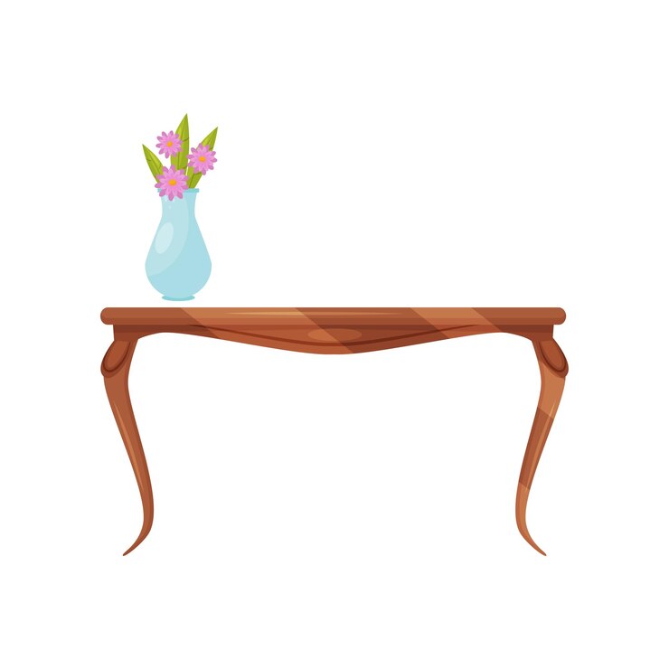 Vector mesa clásica de madera con jarrón de flores, muebles antiguos para comedor, objeto para el hogar