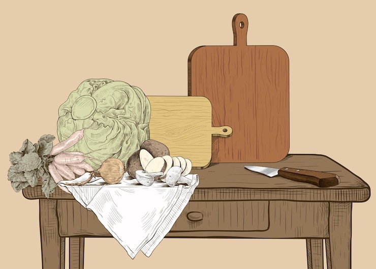 Vector mesa de cocina con varias verduras en un paño de cocina dos tablas de cortar y cuchillo de cocina