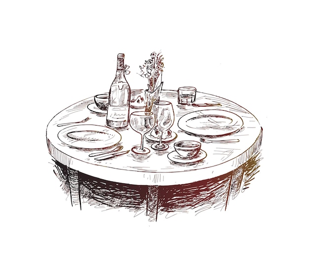 Mesa de comedor para la cita con copas de vino Ilustración de vector de boceto dibujado a mano