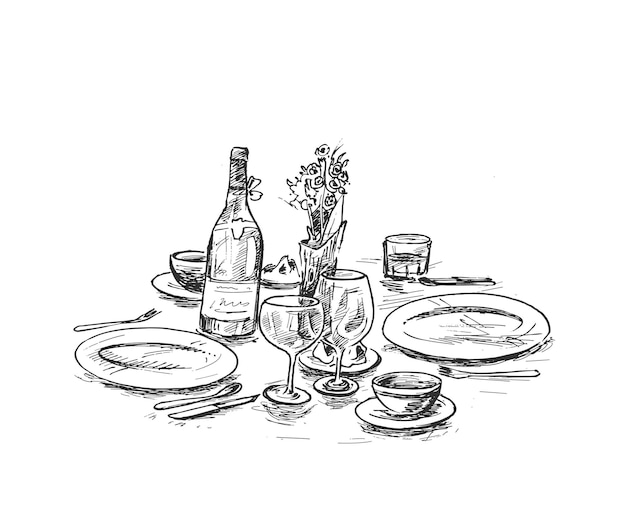 Mesa de comedor para la cita con copas de vino Ilustración de vector de boceto dibujado a mano