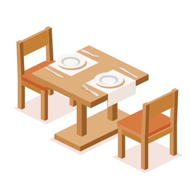 Mesa de comedor de madera con dos sillas aisladas en blanco La configuración con platos tenedores cuchillos y servilletes Restaurantes cafés concepto de hospitalidad Elemento infográfico