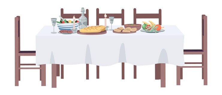Vector mesa de comedor objeto vectorial de color semiplano. artículo de tamaño completo en blanco. elemento interior. parte de la disposición de la casa ilustración de estilo de dibujos animados simple para diseño gráfico web y animación