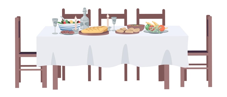 Vector mesa de comedor objeto vectorial de color semiplano. artículo de tamaño completo en blanco. elemento interior. parte de la disposición de la casa ilustración de estilo de dibujos animados simple para diseño gráfico web y animación