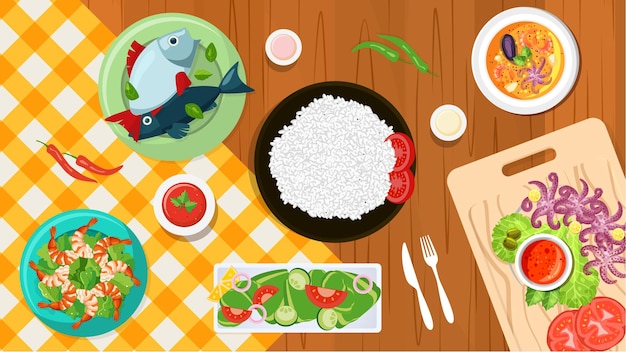 Una mesa de comedor que contiene deliciosos platos de mariscos. Prima vectorial