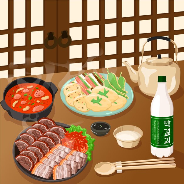 una mesa con comida coreana y una botella de Makgeolli en ella