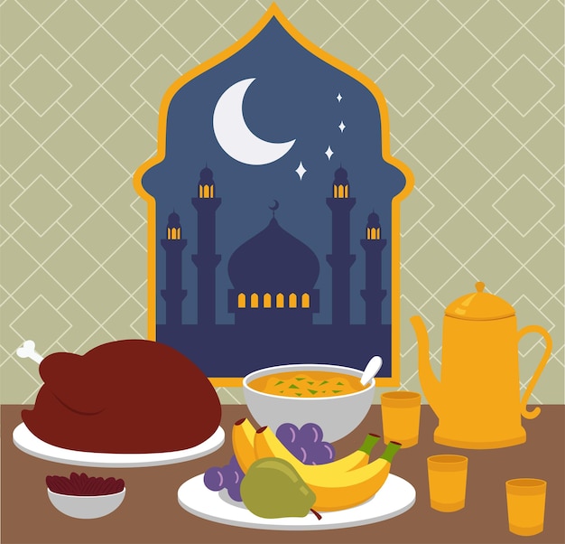 Mesa con comida Iftar Islam Vector Ilustración en estilo plano