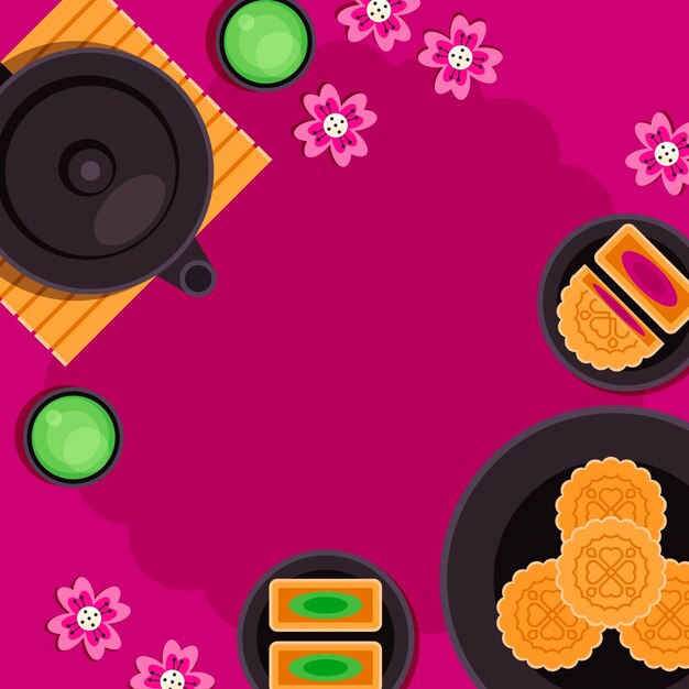 una mesa con comida y un paño de mesa rosa con un fondo rosa