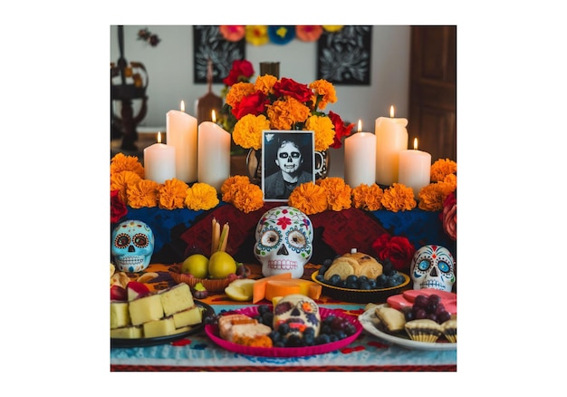 una mesa con un cráneo y flores y velas