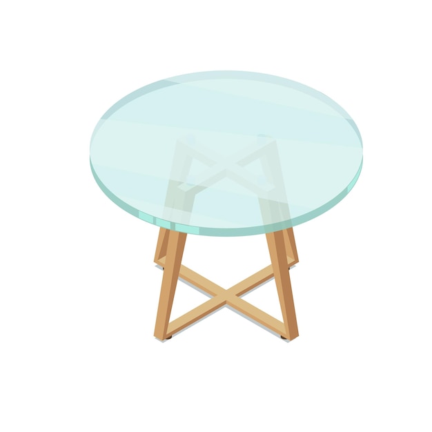 Mesa de cristal redonda isométrica con patas de madera sobre fondo blanco.