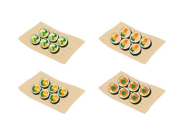 Una mesa con cuatro postres de diferentes colores.