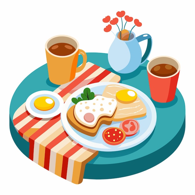Una mesa de desayuno de tocino de huevo y tostadas contra un telón de fondo blanco