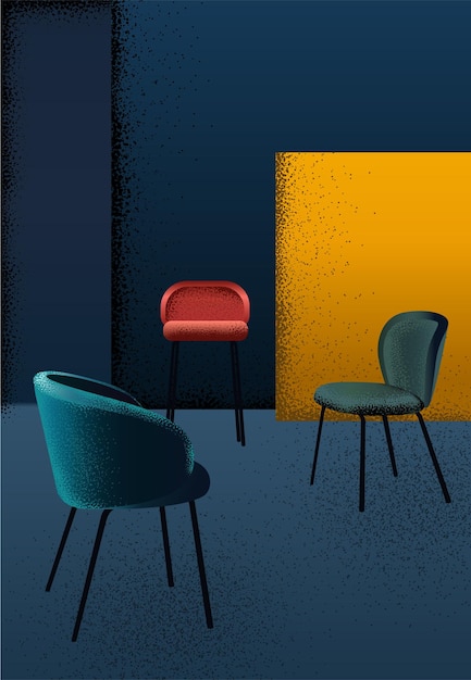 Vector mesa de diseño interior moderno sobre fondo de pared verde y amarillo ilustración de vector de efecto de grano