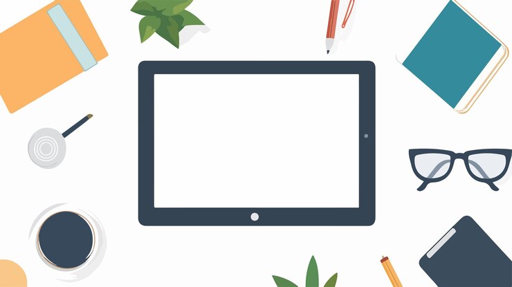 Vector mesa de escritorio moderna con computadora tableta desde arriba en ángulo