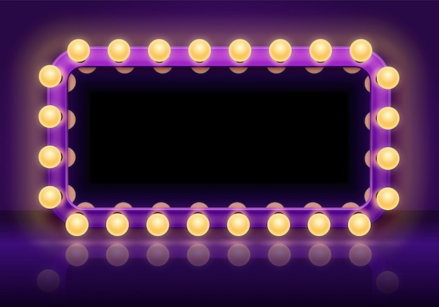 Mesa de espejo de maquillaje. Marco de luces de espejos detrás del escenario, espejo de vestidor con ilustración de vector de bombillas