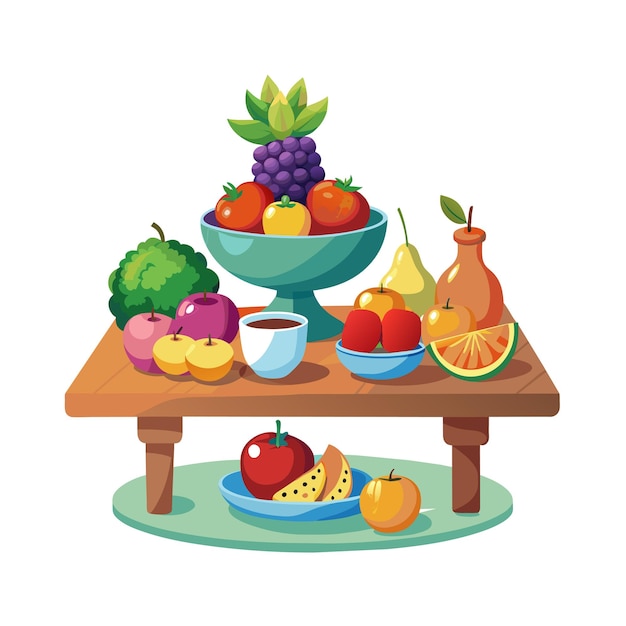 una mesa con frutas y un plato de frutas encima