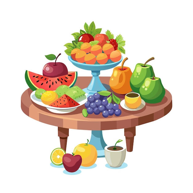 una mesa con frutas y un plato de frutas encima